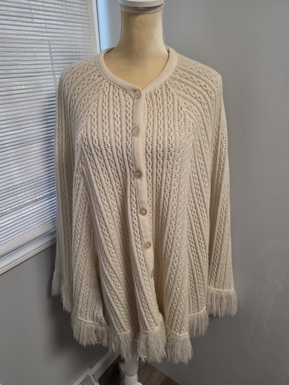 Vintage Poncho Shawl Cape With Fringe Orlon Acrylic Button Front Hand Arm Slits